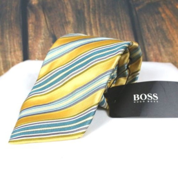 Hugo Boss Men's Necktie Striped Tie Gold Silk - Picture 1 of 6